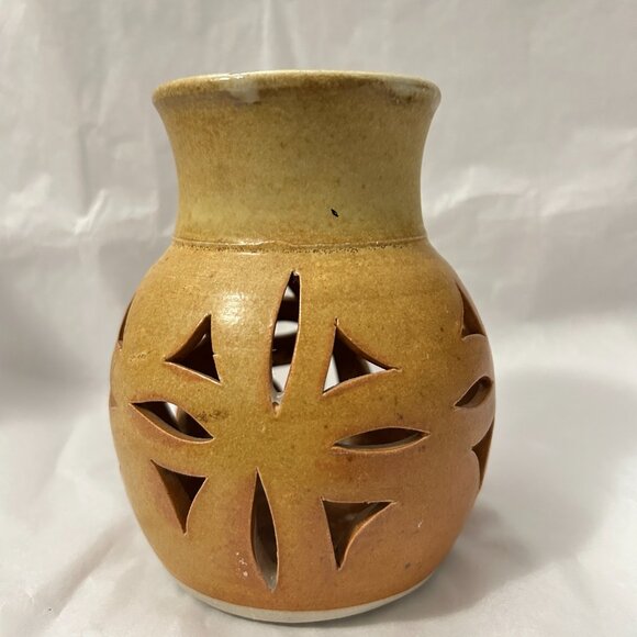 Walt Glass Art Pottery Signed Desert Brown Drip Cut Out Candle Holder Luminary - Picture 6 of 14